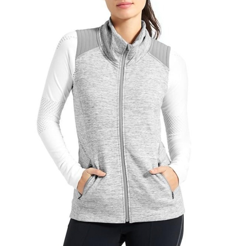 Athleta Womens Heathered Gray Full Zip Vest Quilted Shoulder Funnel Neck Size M